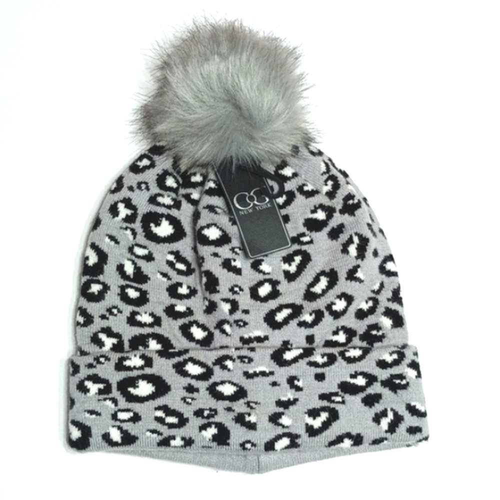 Leopard Print Black Gray Knit Puff Stocking Beanie Winter Hat